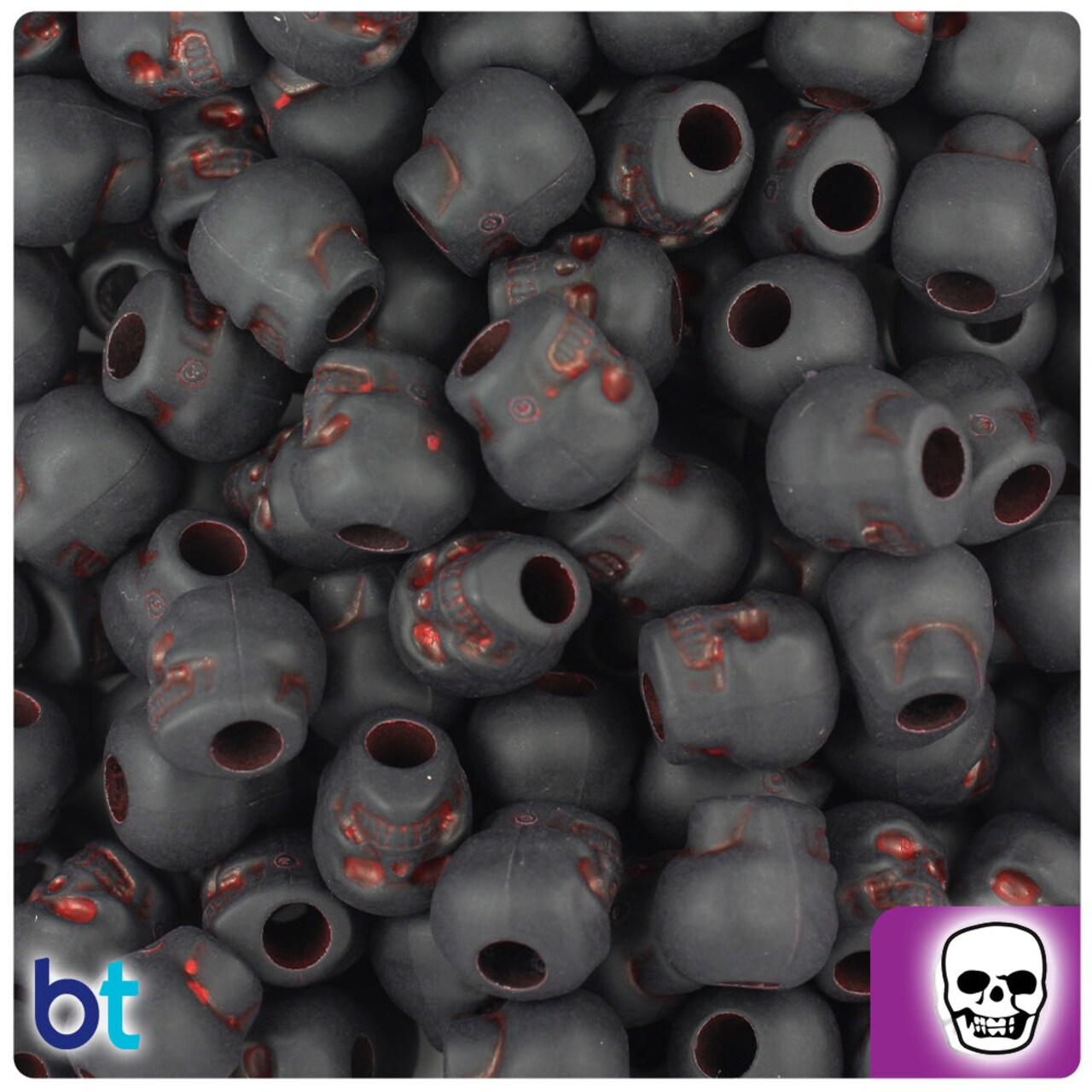 BeadTin Black & Red Antique 11mm Skull Plastic Pony Beads (150pcs)